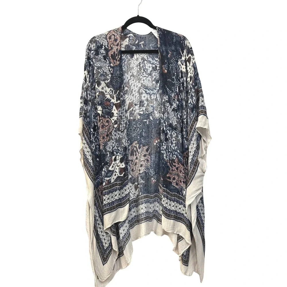 Blue Floral Paisley Boho Kimono Cardigan L-XL Open Front Wrap Gypsy Western - Picture 6 of 8